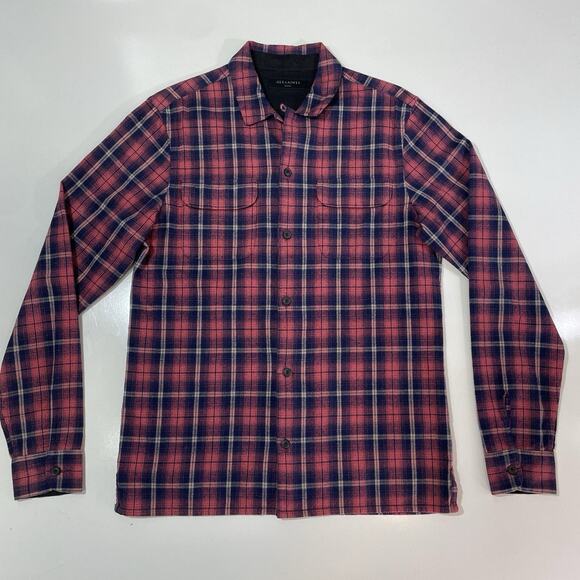 All Saints Men’s Button-Up Plaid Casual Shirt Red Long Sleeve Cotton Size Small - Picture 1 of 8